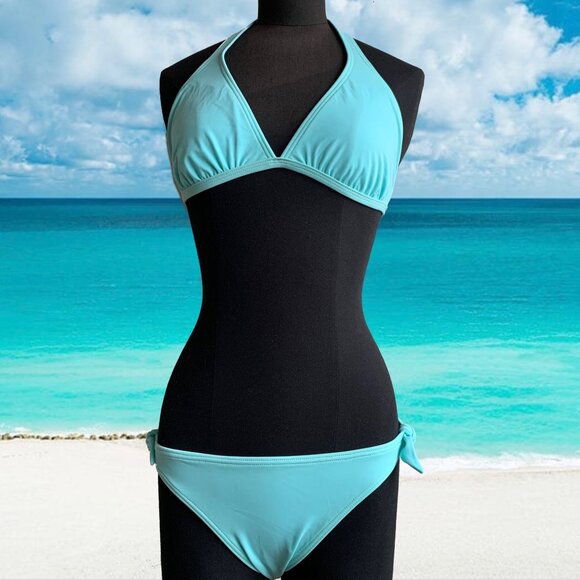 Billabong surf BLUE CRUSH era Vintage bikini aqua D cup solid halter top RARE - Picture 2 of 8
